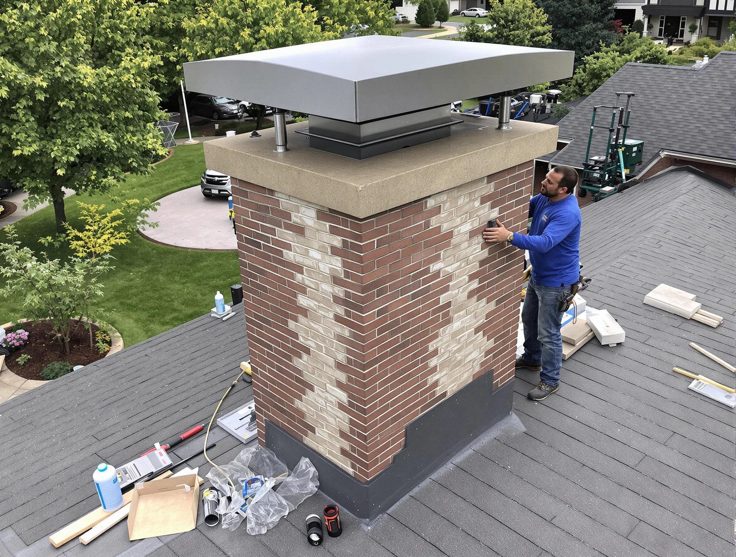 Hueytown Chimney Sweep team working on a custom chimney remodel in Hueytown, AL
